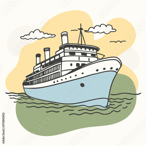 Stylized ship illustration on water with clouds and pastel background
