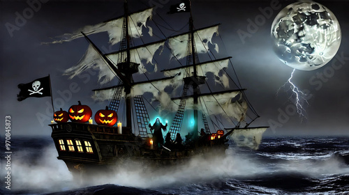 Spooky Halloween night scene with a haunted house, full moon, bats, and autumn trees photo