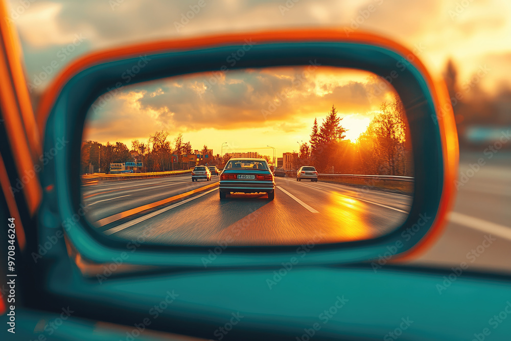 The rearview mirror of the car reflects an evening road with cars driving on it. The sun is setting in front and reflecting on the water. Created with Ai The rearview mirror of the car reflects an evening road with cars driving on it. The sun is setting in front and reflecting on the water. Created with Ai