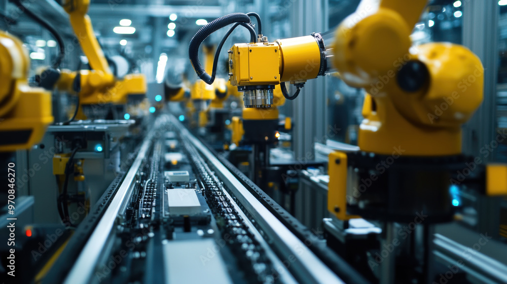 Automated robotic arms in modern manufacturing facility showcase advanced technology and efficiency. scene highlights precision and speed of industrial automation in production lines Automated robotic arms in modern manufacturing facility showcase advanced technology and efficiency. scene highlights precision and speed of industrial automation in production lines
