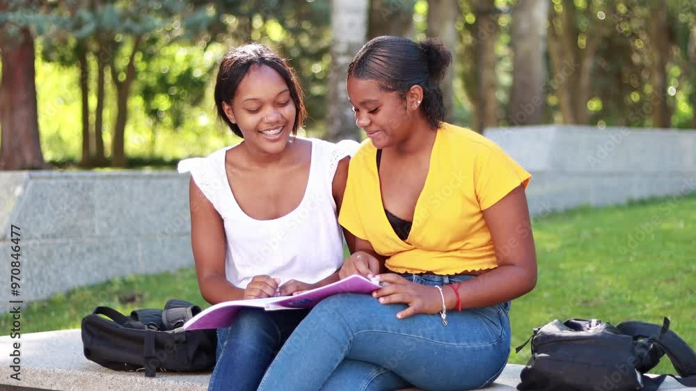 Video of two young Black women students sitting on a park bench reviewing notes together on a sunny day
Video of two young Black women students sitting on a park bench reviewing notes together on a sunny day