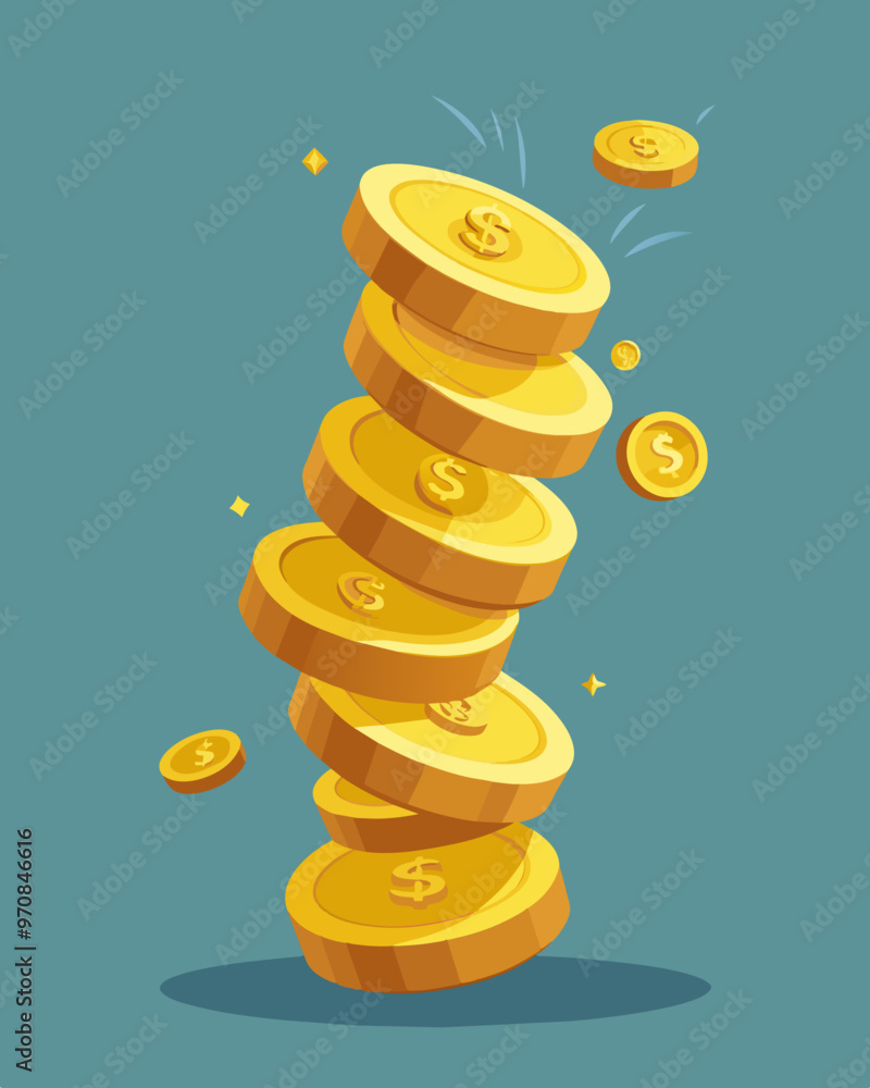 A spiraling stack of shimmering gold growing taller and taller with each added coin.. Vector illustration A spiraling stack of shimmering gold growing taller and taller with each added coin.. Vector illustration
