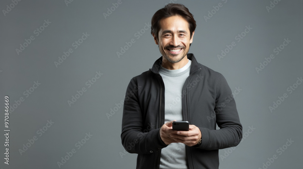 A smiling man holding his phone, dressed in casual attire with a gray background. A smiling man holding his phone, dressed in casual attire with a gray background.