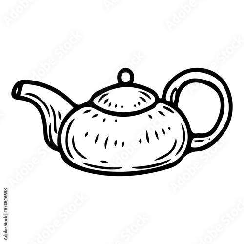 Ceramic teapot hand drawn doodle. Teaware for brewing tea. Tableware. Hot drink preparation device. Household kitchen equipment. Cooking tool. Vector sketch line art illustration.