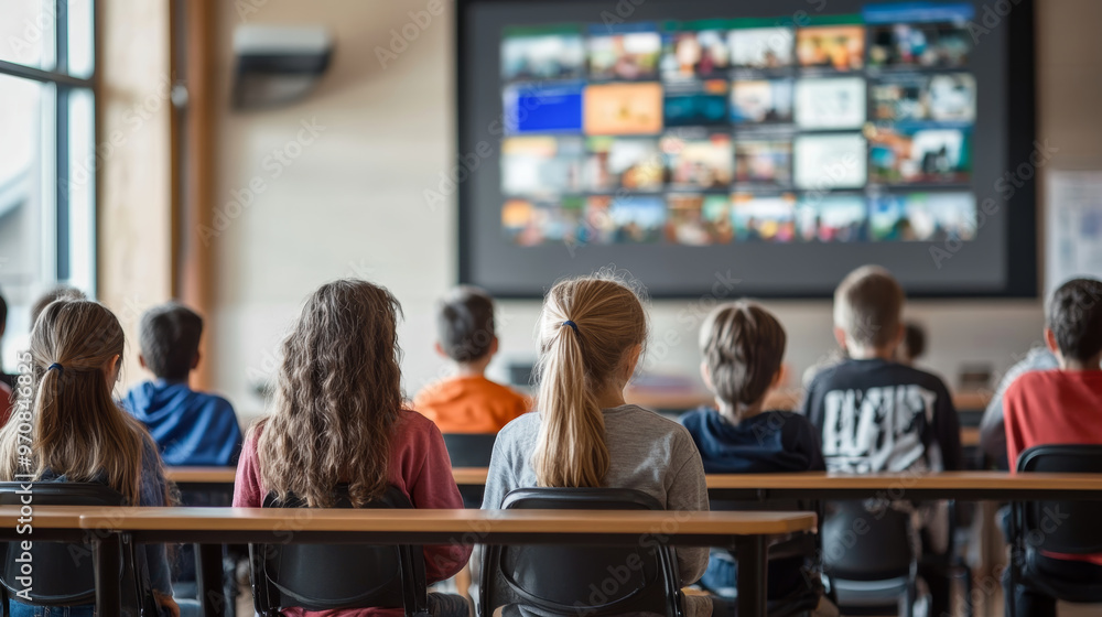 Engaged students in an educational setting are focused on an interactive presentation displayed on large screen. atmosphere is filled with curiosity and learning Engaged students in an educational setting are focused on an interactive presentation displayed on large screen. atmosphere is filled with curiosity and learning