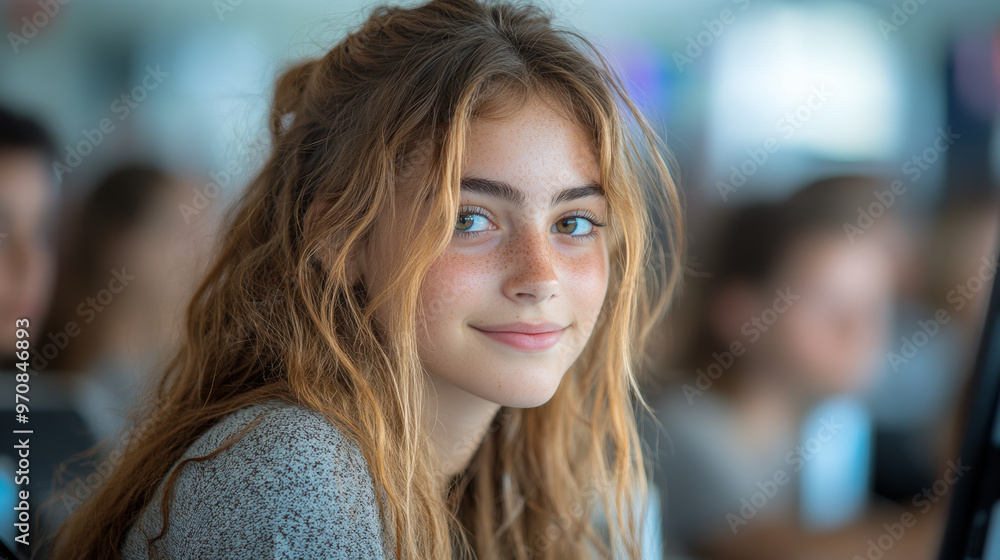 Fototapeta premium young girl with long, wavy hair and freckles smiles warmly while engaging in learning environment, showcasing curiosity and enthusiasm