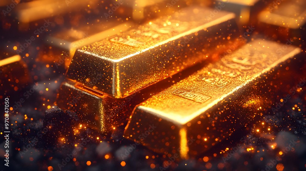 Shiny Gold Bars Stacked on Black Surface with Sparkling Dust Particles Close Up Shiny Gold Bars Stacked on Black Surface with Sparkling Dust Particles Close Up