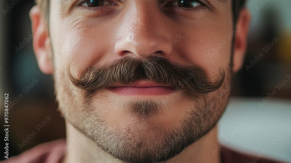 Close-up of a young man with a well-groomed mustache, smiling gently with a blurred background Close-up of a young man with a well-groomed mustache, smiling gently with a blurred background