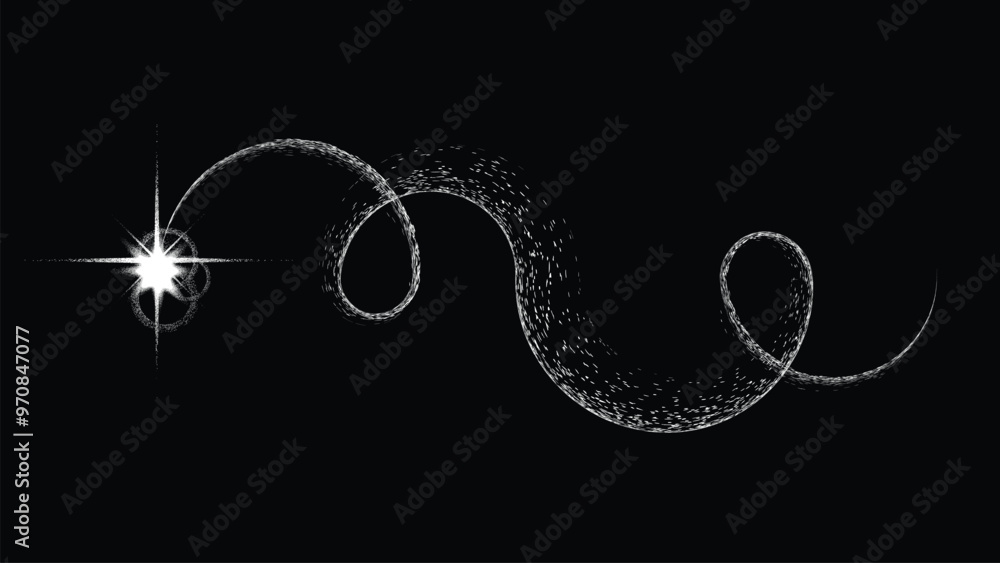 Magic star with dusty tail. Space ship with curved trail in space. Futuristic landscape, with noise texture . Comet with starry sky .Vector illustration Magic star with dusty tail. Space ship with curved trail in space. Futuristic landscape, with noise texture . Comet with starry sky .Vector illustration