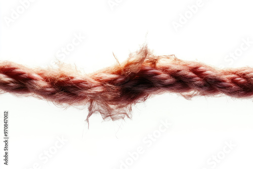 Photo of a frayed rope with an unsmooth knot on a white background, close-up shot. Created with Ai photo