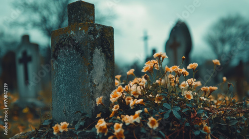 A serene cemetery scene featuring weathered gravestones adorned with delicate orange flowers, evoking sense of remembrance and tranquility