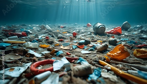 Underwater panorama revealing the stark impact of pollution with litter and debris strewn across the ocean floor, emphasizing urgent environmental concerns. photo