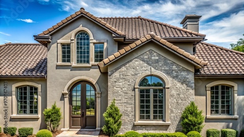 Gray basalt stucco siding and arched windows join forces with a colorful tile roof, creating a captivatingly rustic