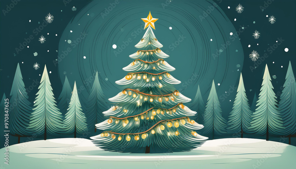 Obraz premium Snowy Christmas tree and sparkling garland, New Year's festive scene,