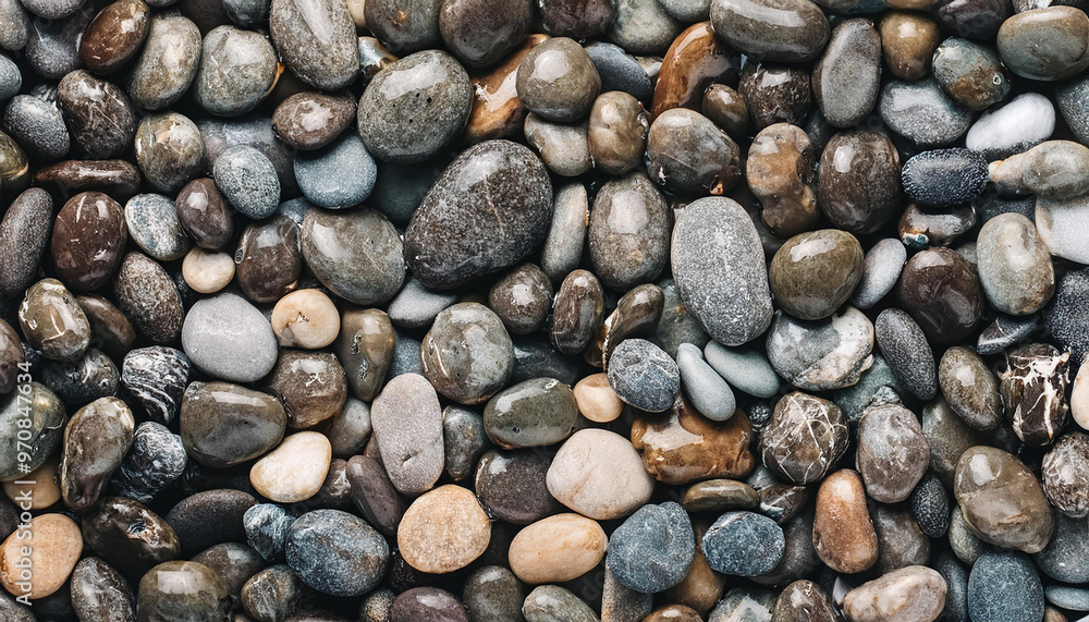 Smooth wet pebbles, texture background. Sea or ocean shore beach. Top view. Smooth wet pebbles, texture background. Sea or ocean shore beach. Top view.