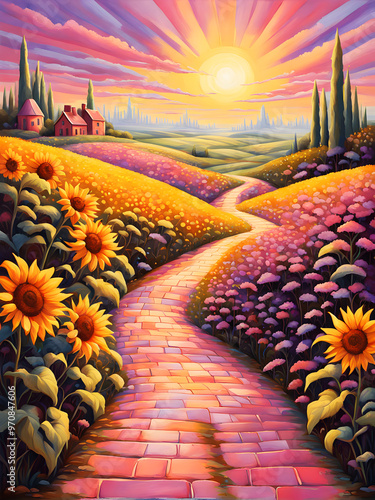 Houses alongside the Yellow Brick Road from Oz and Emerald city in the distance