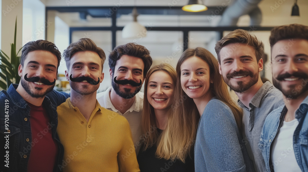 Obraz premium Group of young people smiling with mustaches in a casual office setting, Movember celebration