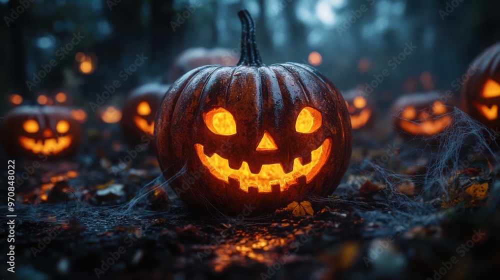 A spooky Halloween scene featuring pumpkins with eerie glowing faces A spooky Halloween scene featuring pumpkins with eerie glowing faces