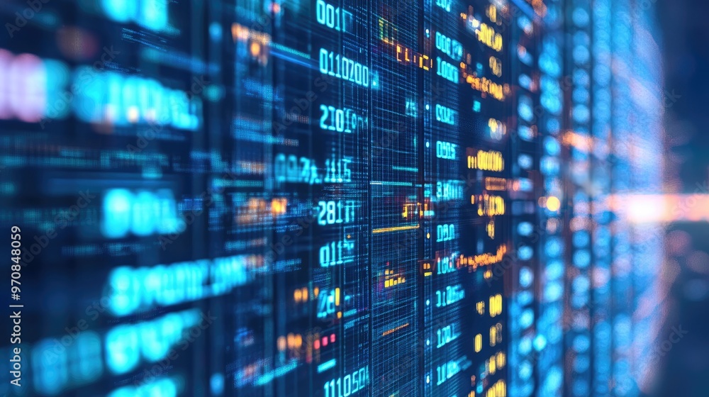A close-up shot of a server room with rows of servers displaying data and information. A close-up shot of a server room with rows of servers displaying data and information.