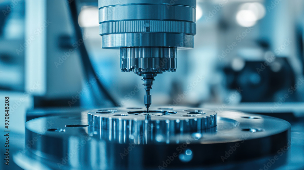 Precision machinery is showcased in this close up image, highlighting CNC machine tool in action, focusing on intricate details of metalwork. blue tones enhance industrial atmosphere Precision machinery is showcased in this close up image, highlighting CNC machine tool in action, focusing on intricate details of metalwork. blue tones enhance industrial atmosphere