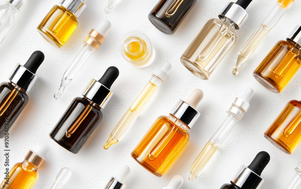 How does the image of various droppers filled with different serums symbolize precision and care in skincare or cosmetic formulations How does the image of various droppers filled with different serums symbolize precision and care in skincare or cosmetic formulations