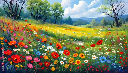 Vibrant spring wildflower field showcasing natures colorful array in a picturesque landscape photo