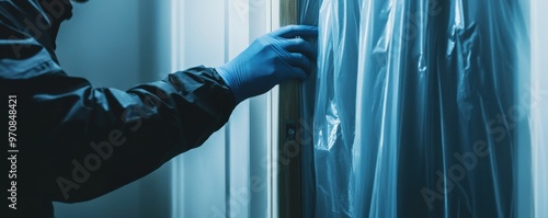 Close-up of technician in protective suit sealing doorway with plastic sheeting for contamination control and safety photo