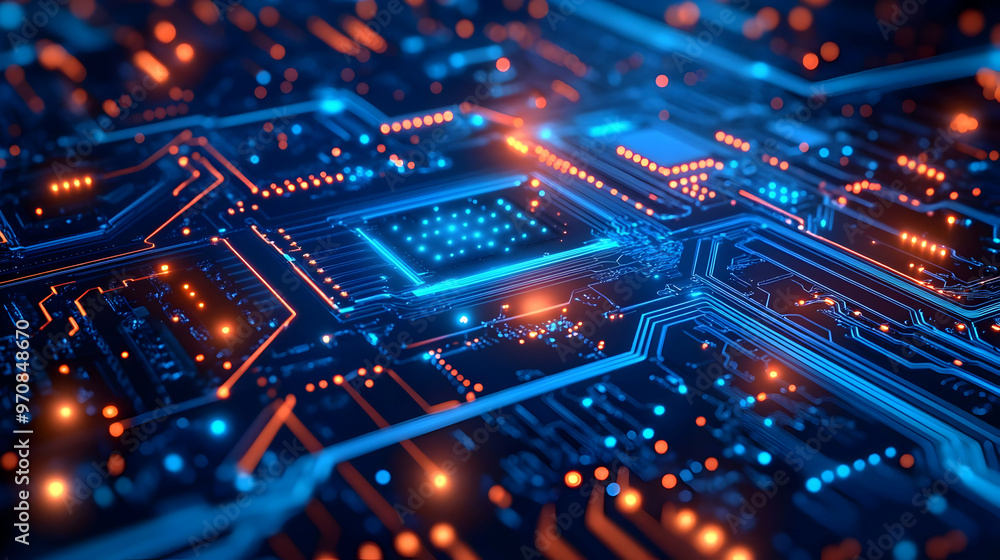 Abstract Circuit Board Animation with Glowing Blue and Orange Lines