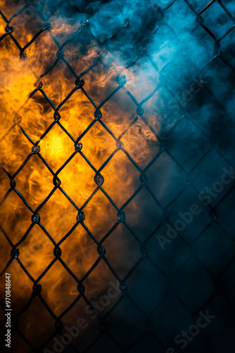 A striking image of an iron fence set against dramatic backdrop of swirling smoke in shades of blue and orange. contrast creates captivating visual effect, evoking sense of mystery and intrigue