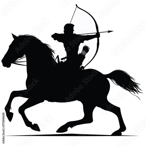 A Silhouette of an archer in action pose while riding a horse with a black color silhouette isolated on a white background