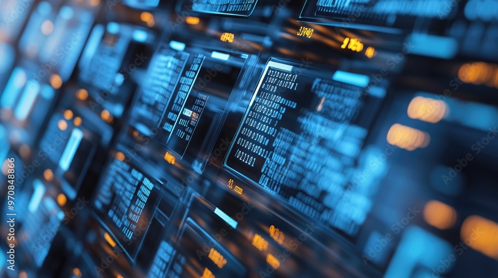 A futuristic digital interface with lines of code and data displayed on multiple screens. A futuristic digital interface with lines of code and data displayed on multiple screens.
