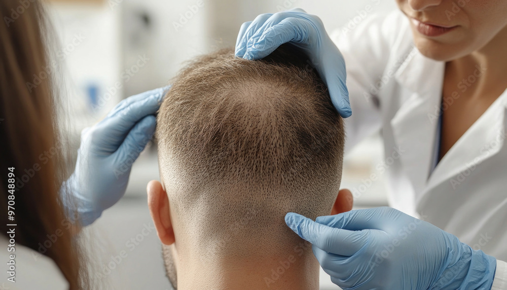 Fototapeta premium Trichologist examining patient's scalp for hair loss treatment