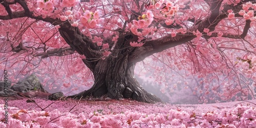 Dreamy pink cherry blossom tree over water  
