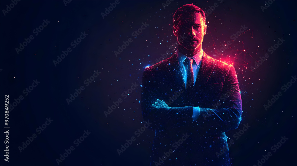 Abstract Digital Man in Suit Made of Glowing Particles with Arms Crossed - Abstract Background Animation Abstract Digital Man in Suit Made of Glowing Particles with Arms Crossed - Abstract Background Animation