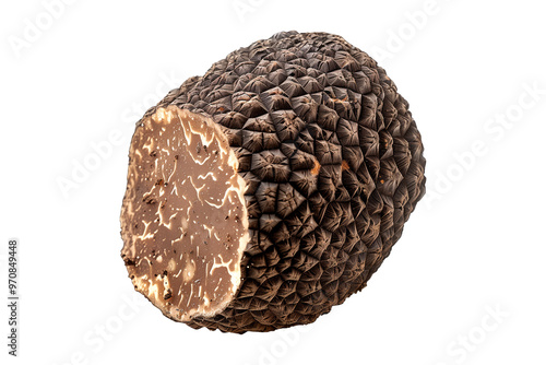 Closeup of norcia truffle cut in half, showcasing its detailed texture and pattern, isolated on a white background. Concept of gourmet food