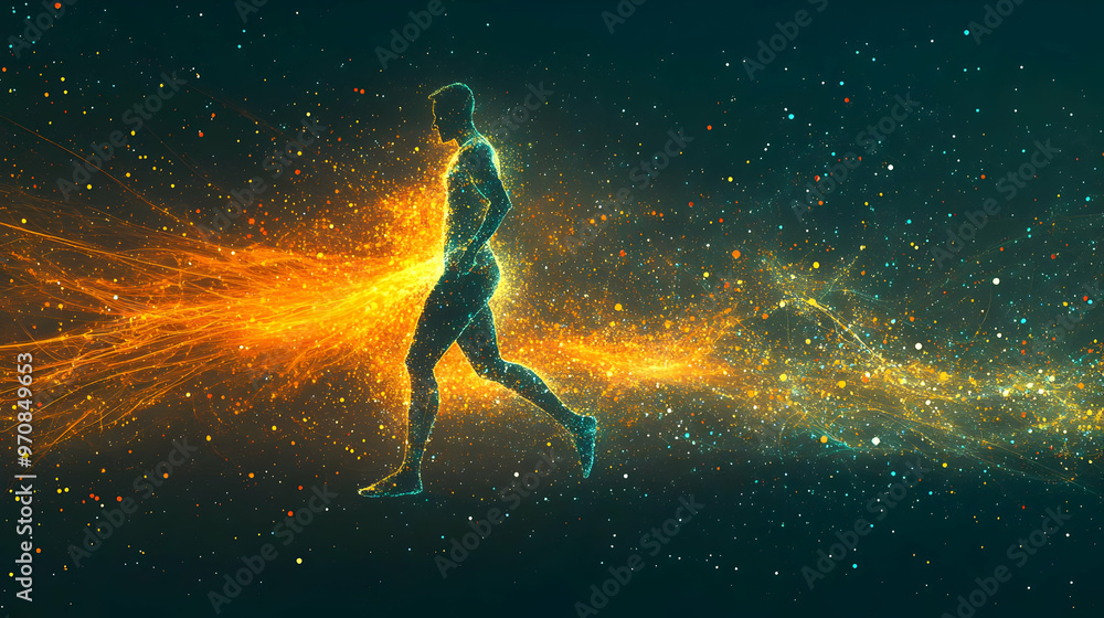 Fototapeta premium Abstract Human Figure Running Through a Trail of Glittering Particles in a Dark Space Background