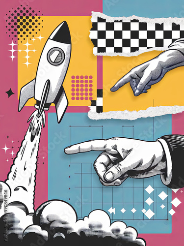 Pop art style banner featuring a halftone rocket, a pointing human hand, and a piece of torn checkered paper. Contemporary collage design. Business startup theme photo