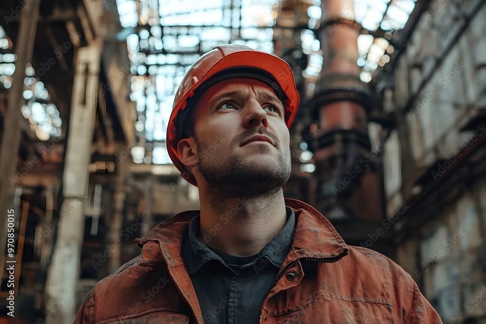 Industrial worker wearing orange helmet and jacket in old factory, looking upward Industrial worker wearing orange helmet and jacket in old factory, looking upward