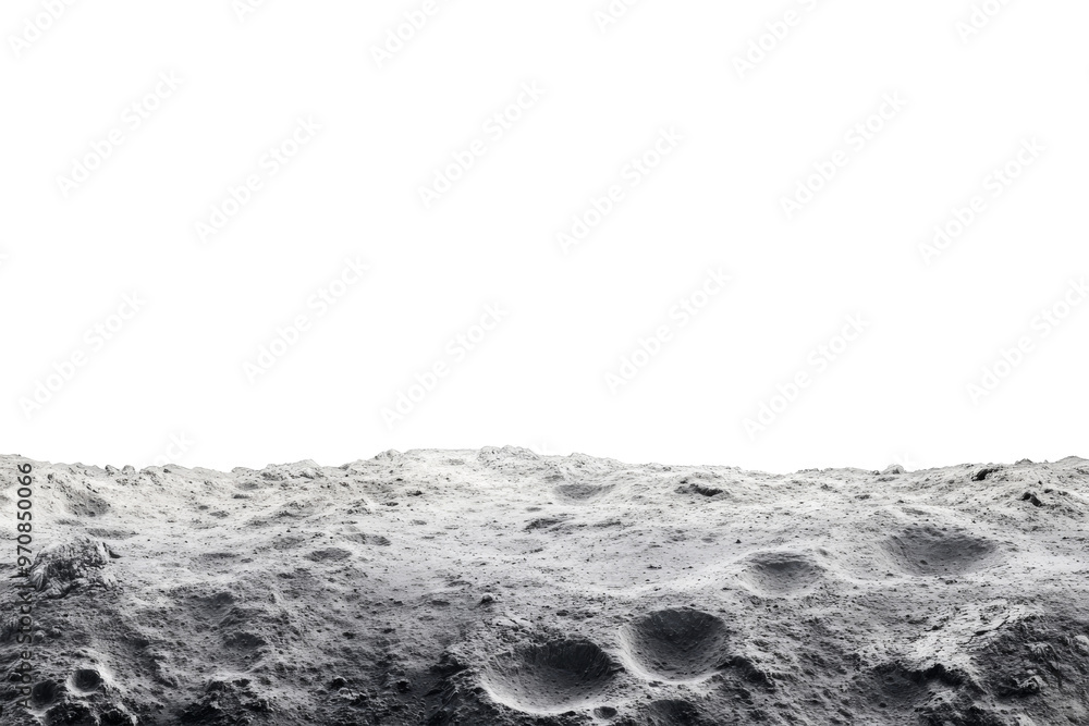 Moon surface isolated on white background. Lunar landscape with deserted landscape and craters formed by meteor impacts