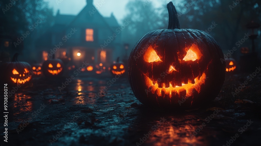 A spooky Halloween scene with Jack-o'-lanterns featuring eerie menacing faces A spooky Halloween scene with Jack-o'-lanterns featuring eerie menacing faces
