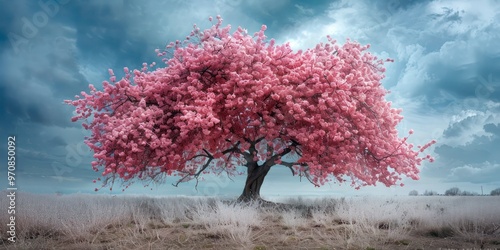 Pink cherry blossom tree in winter landscape  
