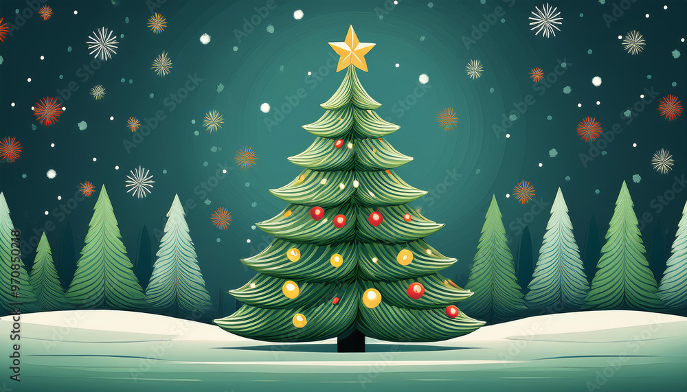 Christmas tree with snow and lights, festive holiday background Christmas tree with snow and lights, festive holiday background