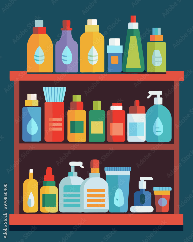 A sply stocked personal hygiene section with only a few halfempty bottles of shampoo and conditioner left behind.. Vector illustration A sply stocked personal hygiene section with only a few halfempty bottles of shampoo and conditioner left behind.. Vector illustration
