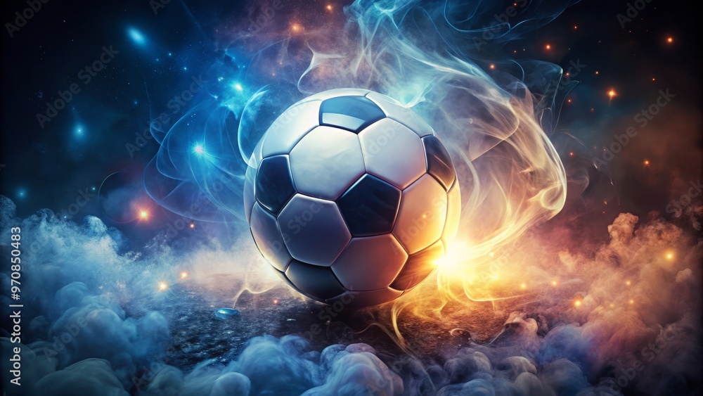 Naklejka premium In a dreamlike state, a glowing football hovers suspended in a halo of iridescent smoke, its curves distorted
