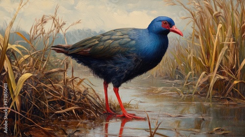 A Vibrant Purple Swamphen in a Serene Marsh photo