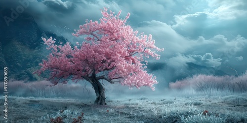 Pink cherry blossom tree in winter landscape  
