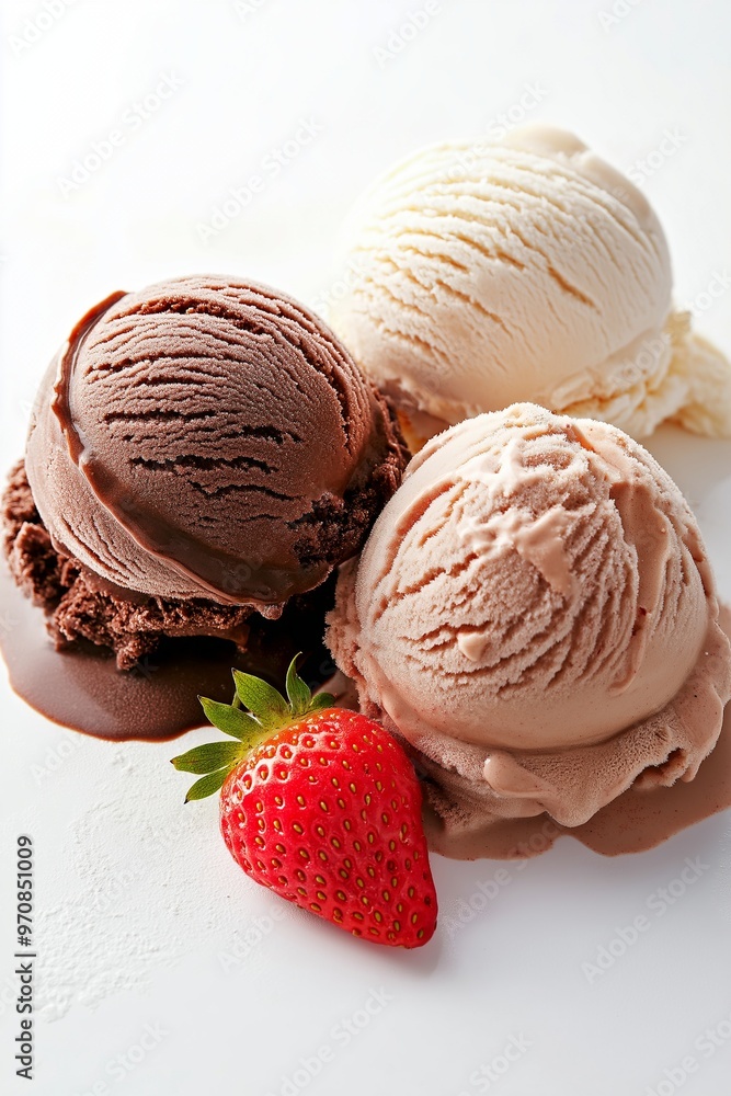 Ice cream scoops chocolate and vanilla with strawberry Ice cream scoops chocolate and vanilla with strawberry