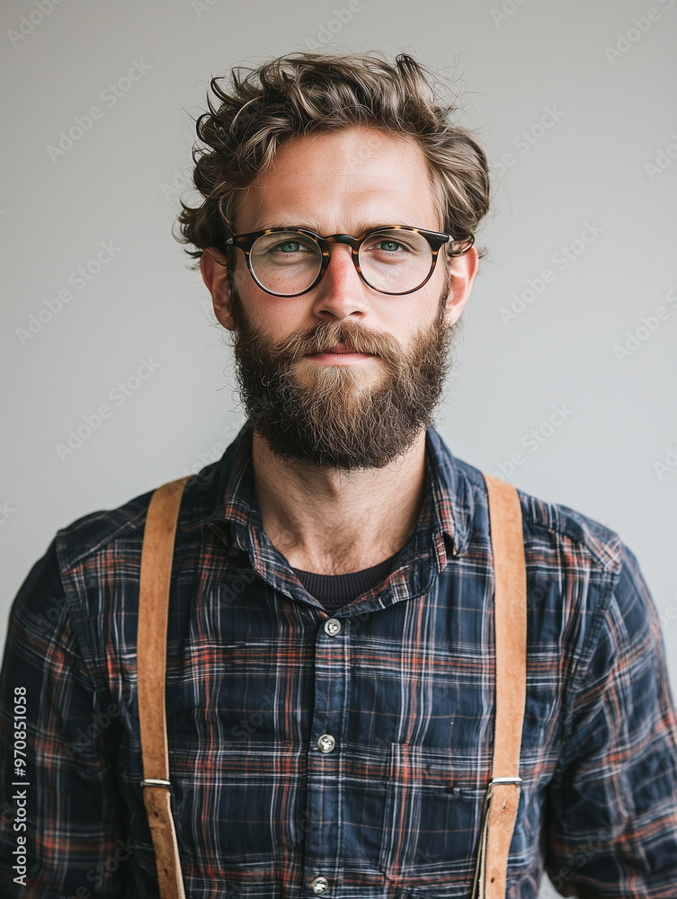 A hipster man with a beard and glasses, wearing a plaid shirt and suspenders, isolated on a white background A hipster man with a beard and glasses, wearing a plaid shirt and suspenders, isolated on a white background