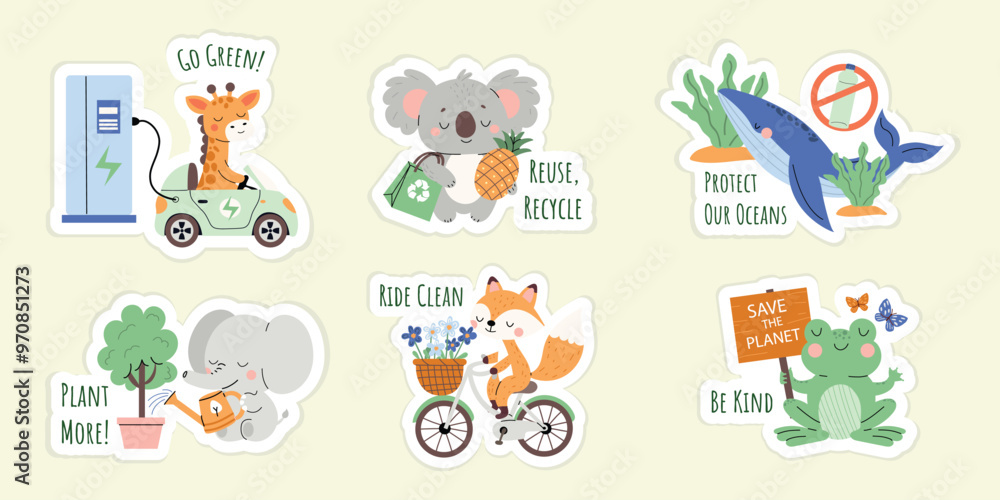 Fototapeta premium Vector set eco friendly cute animals. Giraffe, koala, whale, elephant, fox, frog. Save planet, go green. Flat illustration on isolated background.