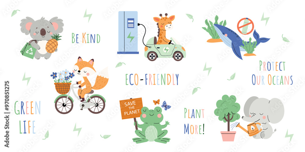 Cute set of eco-friendly animals . Ecology and recycle quotes collection. Cute hand-drawn illustrations of a giraffe, koala, whale, fox, and elephant in a flat style. Isolated white background. Cute set of eco-friendly animals . Ecology and recycle quotes collection. Cute hand-drawn illustrations of a giraffe, koala, whale, fox, and elephant in a flat style. Isolated white background.